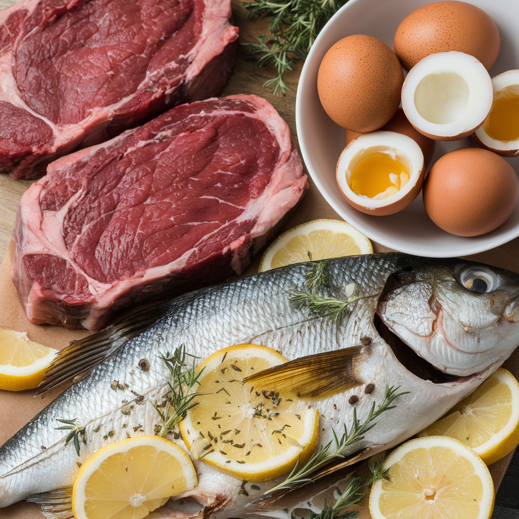 A variety of high protein foods including beef fish and eggs