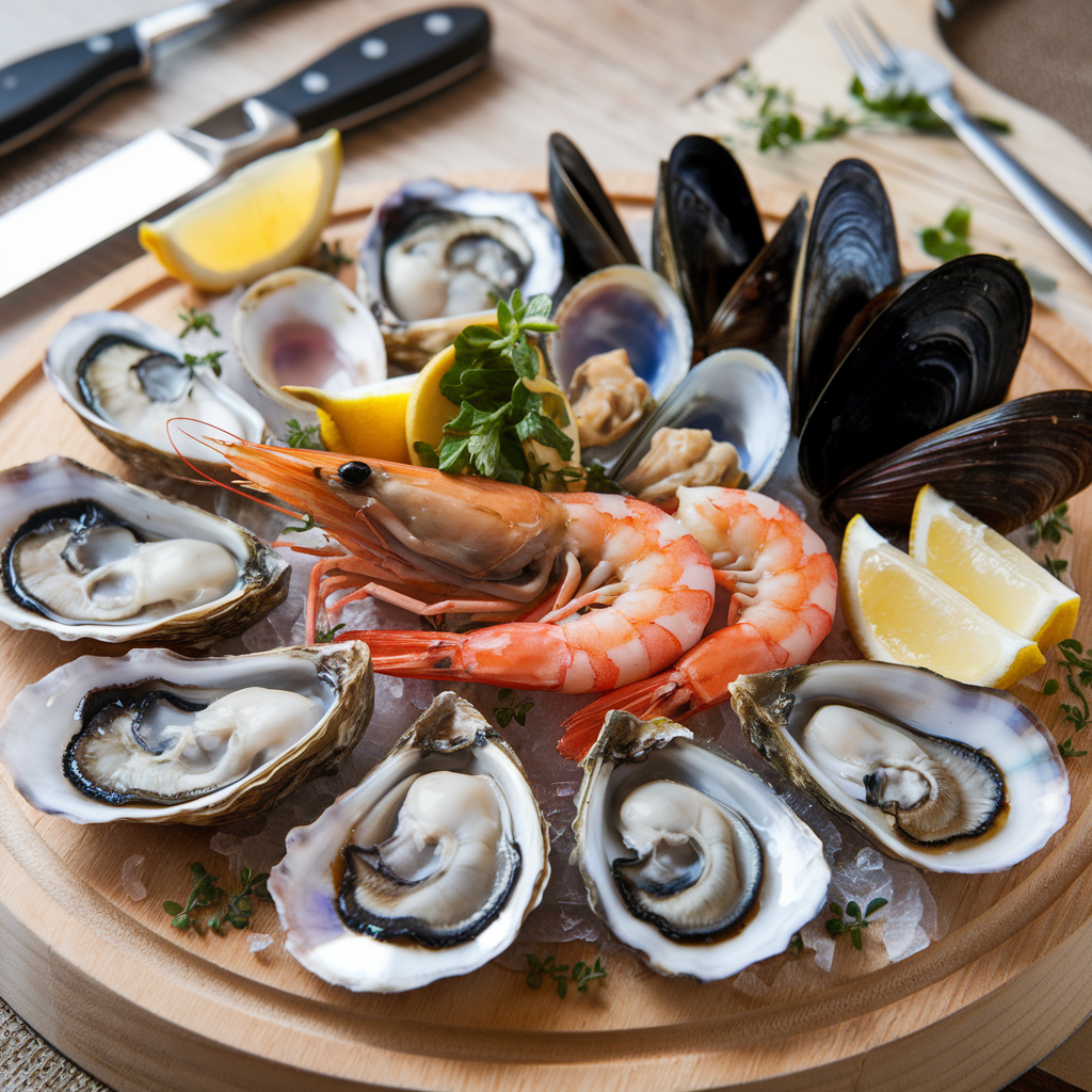 An assortment of shellfish highlighting seafood rich in zinc and copper